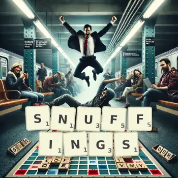 Creative illustration for a Scrabble game with the word SNUFFINGS spelled out in tiles on the board.