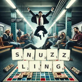 Creative illustration for a Scrabble game with the word SNUZZLING spelled out in tiles on the board.