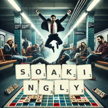 Creative illustration for a Scrabble game with the word SOAKINGLY spelled out in tiles on the board.