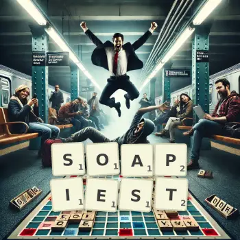 Creative illustration for a Scrabble game with the word SOAPIEST spelled out in tiles on the board.