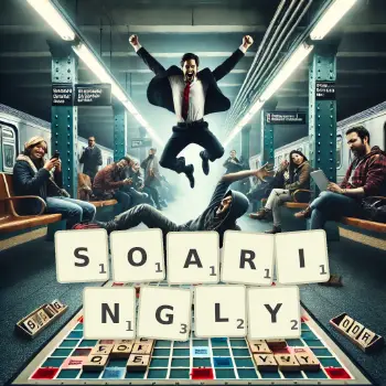 Creative illustration for a Scrabble game with the word SOARINGLY spelled out in tiles on the board.