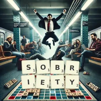 Creative illustration for a Scrabble game with the word SOBRIETY spelled out in tiles on the board.