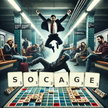Creative illustration for a Scrabble game with the word SOCAGE spelled out in tiles on the board.