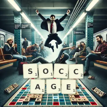 Creative illustration for a Scrabble game with the word SOCCAGE spelled out in tiles on the board.