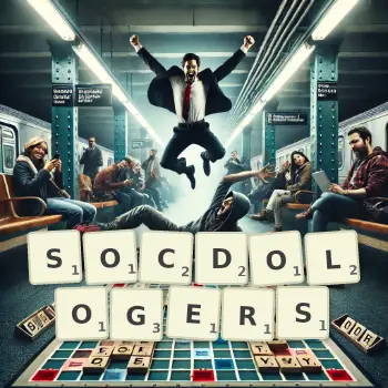 Creative illustration for a Scrabble game with the word SOCDOLOGERS spelled out in tiles on the board.