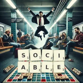 Creative illustration for a Scrabble game with the word SOCIABLE spelled out in tiles on the board.