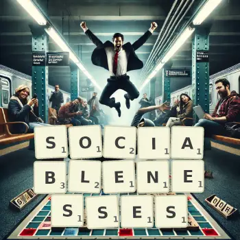 Creative illustration for a Scrabble game with the word SOCIABLENESSES spelled out in tiles on the board.