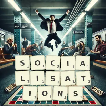 Creative illustration for a Scrabble game with the word SOCIALISATIONS spelled out in tiles on the board.