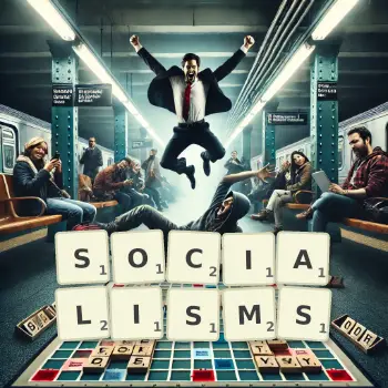 Creative illustration for a Scrabble game with the word SOCIALISMS spelled out in tiles on the board.