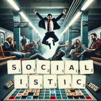 Creative illustration for a Scrabble game with the word SOCIALISTIC spelled out in tiles on the board.