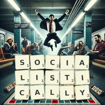 Creative illustration for a Scrabble game with the word SOCIALISTICALLY spelled out in tiles on the board.
