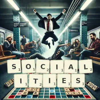 Creative illustration for a Scrabble game with the word SOCIALITIES spelled out in tiles on the board.