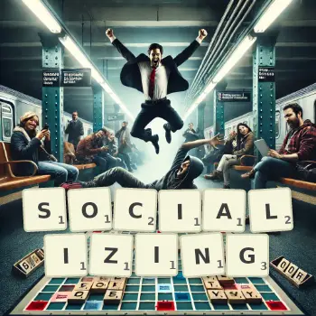 Creative illustration for a Scrabble game with the word SOCIALIZING spelled out in tiles on the board.
