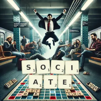 Creative illustration for a Scrabble game with the word SOCIATE spelled out in tiles on the board.