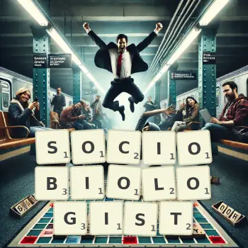 Creative illustration for a Scrabble game with the word SOCIOBIOLOGIST spelled out in tiles on the board.