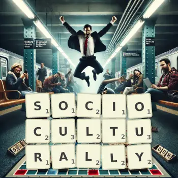 Creative illustration for a Scrabble game with the word SOCIOCULTURALLY spelled out in tiles on the board.