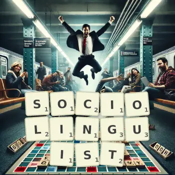 Creative illustration for a Scrabble game with the word SOCIOLINGUIST spelled out in tiles on the board.