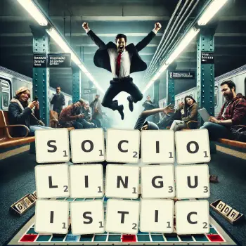 Creative illustration for a Scrabble game with the word SOCIOLINGUISTIC spelled out in tiles on the board.