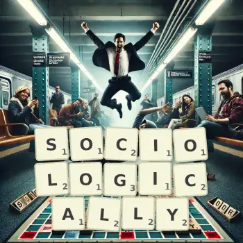 Creative illustration for a Scrabble game with the word SOCIOLOGICALLY spelled out in tiles on the board.