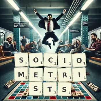 Creative illustration for a Scrabble game with the word SOCIOMETRISTS spelled out in tiles on the board.