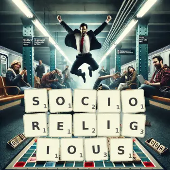 Creative illustration for a Scrabble game with the word SOCIORELIGIOUS spelled out in tiles on the board.