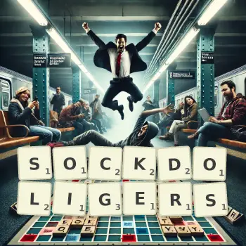 Creative illustration for a Scrabble game with the word SOCKDOLIGERS spelled out in tiles on the board.