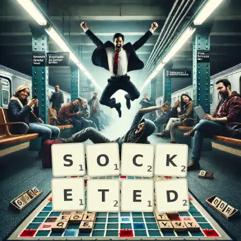 Creative illustration for a Scrabble game with the word SOCKETED spelled out in tiles on the board.