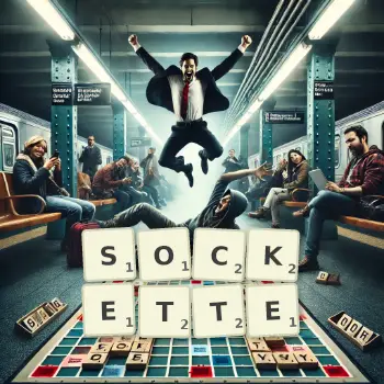 Creative illustration for a Scrabble game with the word SOCKETTE spelled out in tiles on the board.
