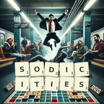 Creative illustration for a Scrabble game with the word SODICITIES spelled out in tiles on the board.