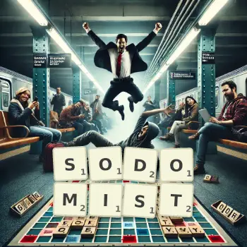 Creative illustration for a Scrabble game with the word SODOMIST spelled out in tiles on the board.