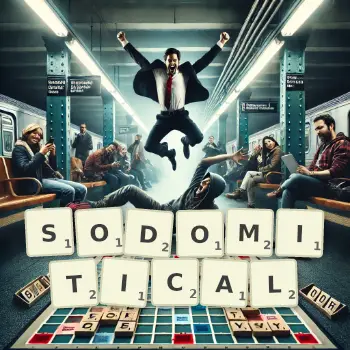 Creative illustration for a Scrabble game with the word SODOMITICAL spelled out in tiles on the board.