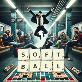 Creative illustration for a Scrabble game with the word SOFTBALL spelled out in tiles on the board.