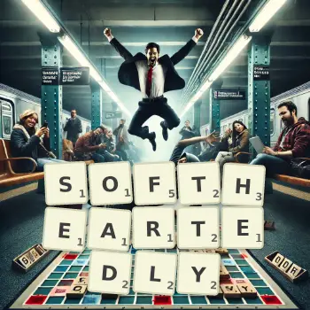 Creative illustration for a Scrabble game with the word SOFTHEARTEDLY spelled out in tiles on the board.