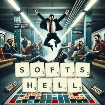 Creative illustration for a Scrabble game with the word SOFTSHELL spelled out in tiles on the board.