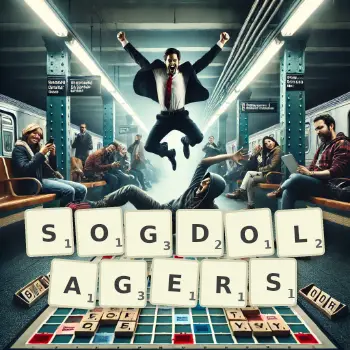Creative illustration for a Scrabble game with the word SOGDOLAGERS spelled out in tiles on the board.