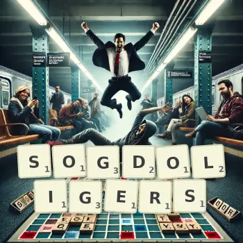 Creative illustration for a Scrabble game with the word SOGDOLIGERS spelled out in tiles on the board.