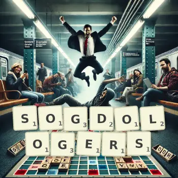 Creative illustration for a Scrabble game with the word SOGDOLOGERS spelled out in tiles on the board.