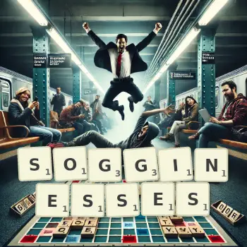 Creative illustration for a Scrabble game with the word SOGGINESSES spelled out in tiles on the board.