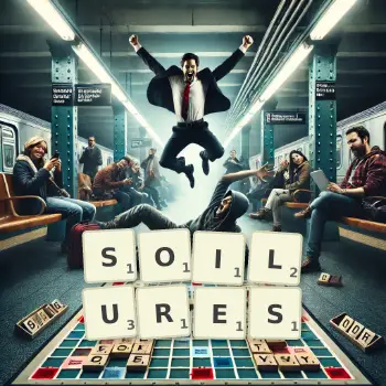 Creative illustration for a Scrabble game with the word SOILURES spelled out in tiles on the board.