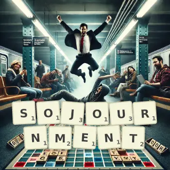 Creative illustration for a Scrabble game with the word SOJOURNMENT spelled out in tiles on the board.