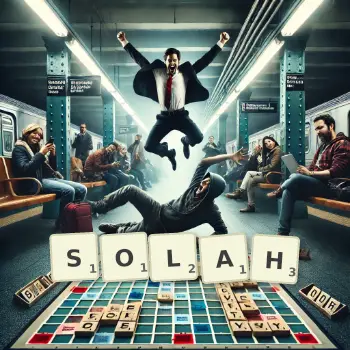 Creative illustration for a Scrabble game with the word SOLAH spelled out in tiles on the board.