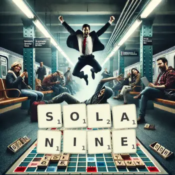 Creative illustration for a Scrabble game with the word SOLANINE spelled out in tiles on the board.