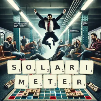 Creative illustration for a Scrabble game with the word SOLARIMETER spelled out in tiles on the board.
