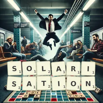 Creative illustration for a Scrabble game with the word SOLARISATION spelled out in tiles on the board.