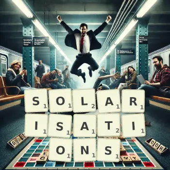 Creative illustration for a Scrabble game with the word SOLARISATIONS spelled out in tiles on the board.