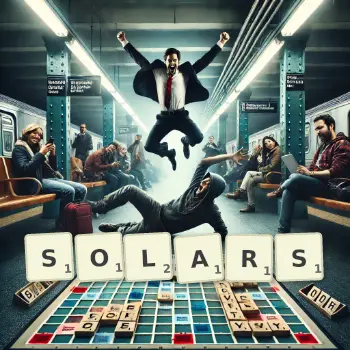 Creative illustration for a Scrabble game with the word SOLARS spelled out in tiles on the board.