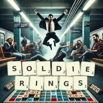 Creative illustration for a Scrabble game with the word SOLDIERINGS spelled out in tiles on the board.