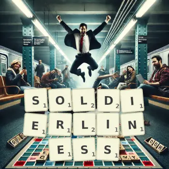 Creative illustration for a Scrabble game with the word SOLDIERLINESS spelled out in tiles on the board.
