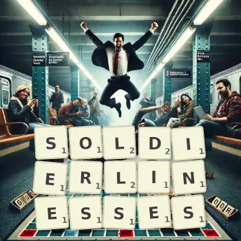 Creative illustration for a Scrabble game with the word SOLDIERLINESSES spelled out in tiles on the board.