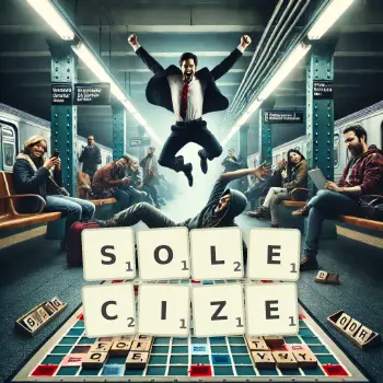 Creative illustration for a Scrabble game with the word SOLECIZE spelled out in tiles on the board.
